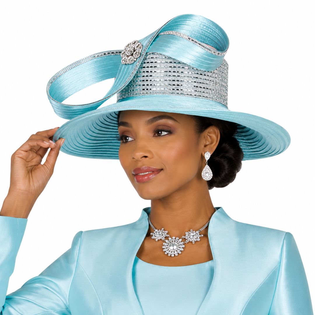 Elegant Ice Blue Wide Brim Church Hat with Crystal Band and Sculpted Loop Accents H6406 - Especially Yours