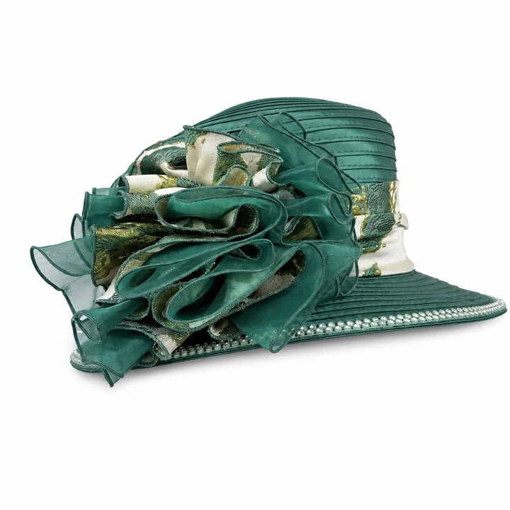 Regal Ruffle Brocade Med-Brim Hat w/ Crystal Trim