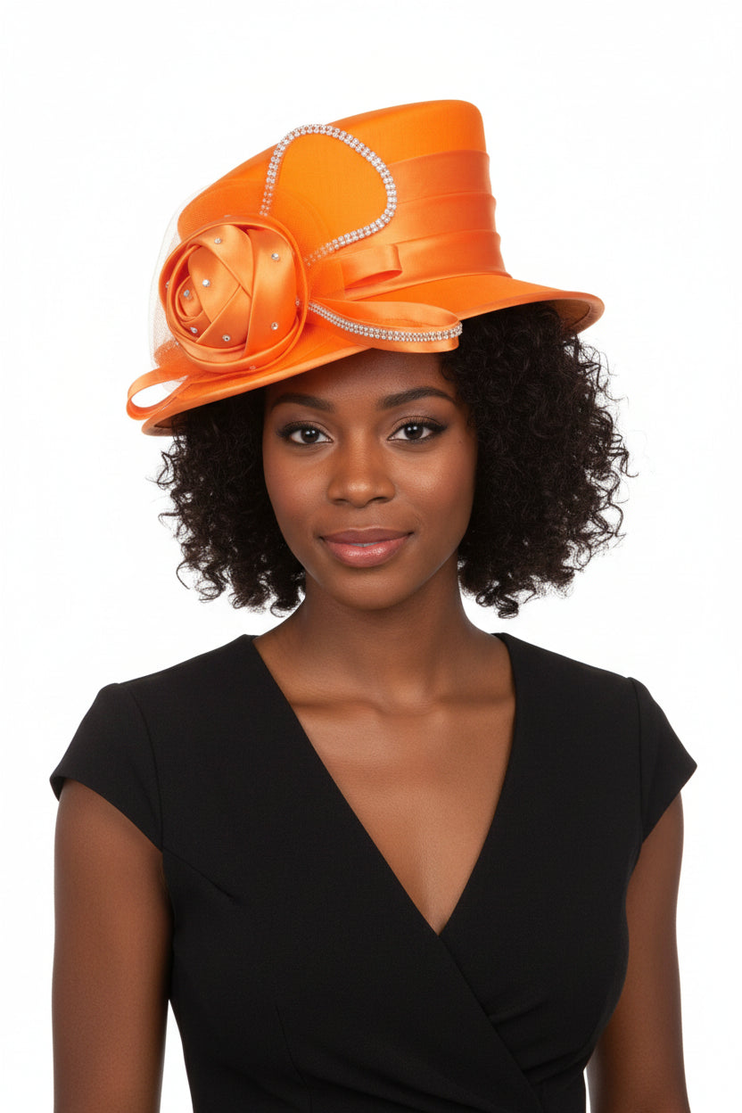 Silky Twill Small Brim Hat w/ Rose and Rhinestone - Especially Yours