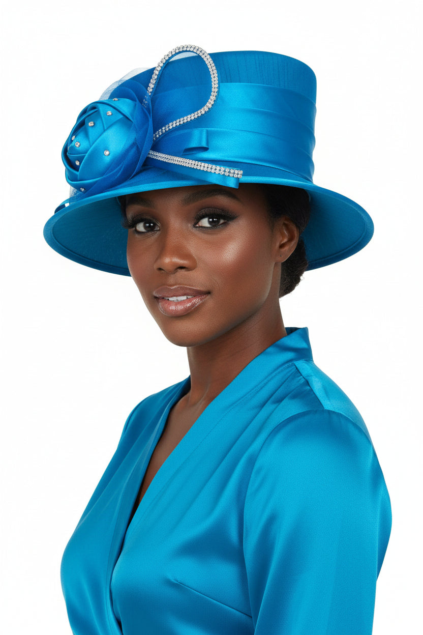 Silky Twill Small Brim Hat w/ Rose and Rhinestone - Especially Yours