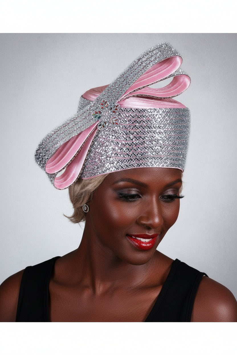 Massive Stoned Pillbox Hat w/ Stoned Ribbon Bow