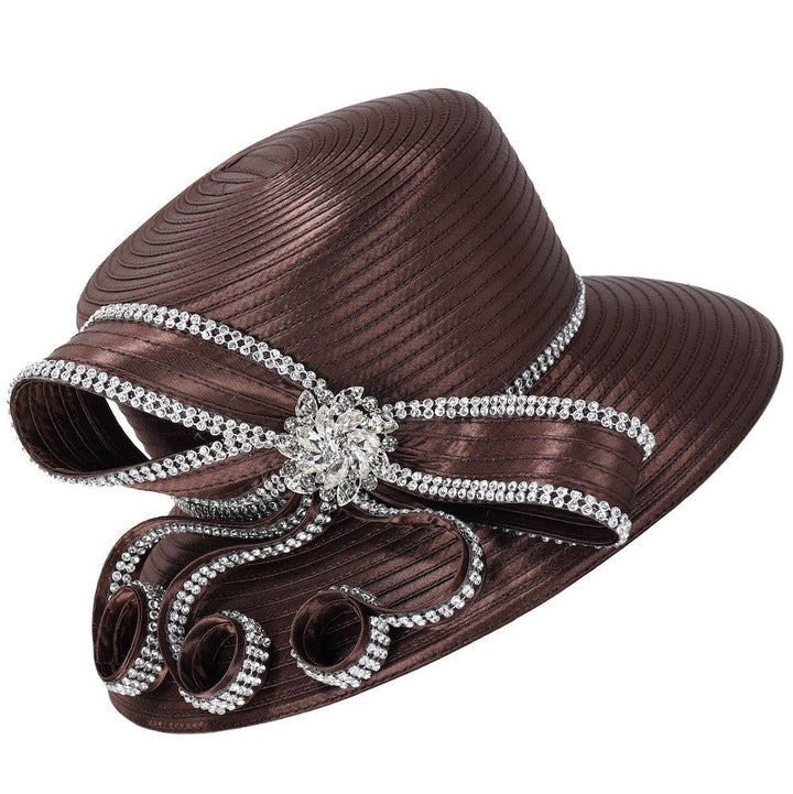 Rhinestone Bow&Crystal Brooch Medium-Brim Hat - Especially Yours