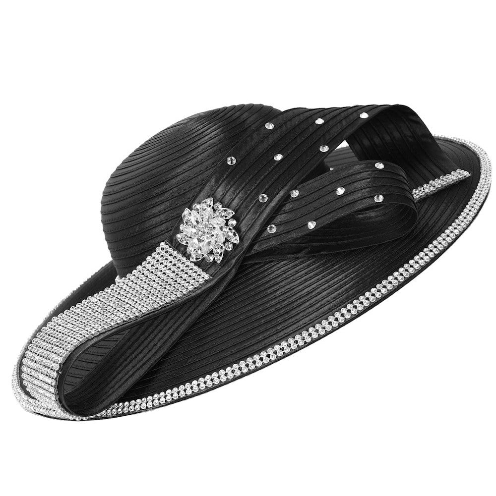 Satin Crystal Loop&Rhinestone Trim Wide-Brim Hat - Especially Yours