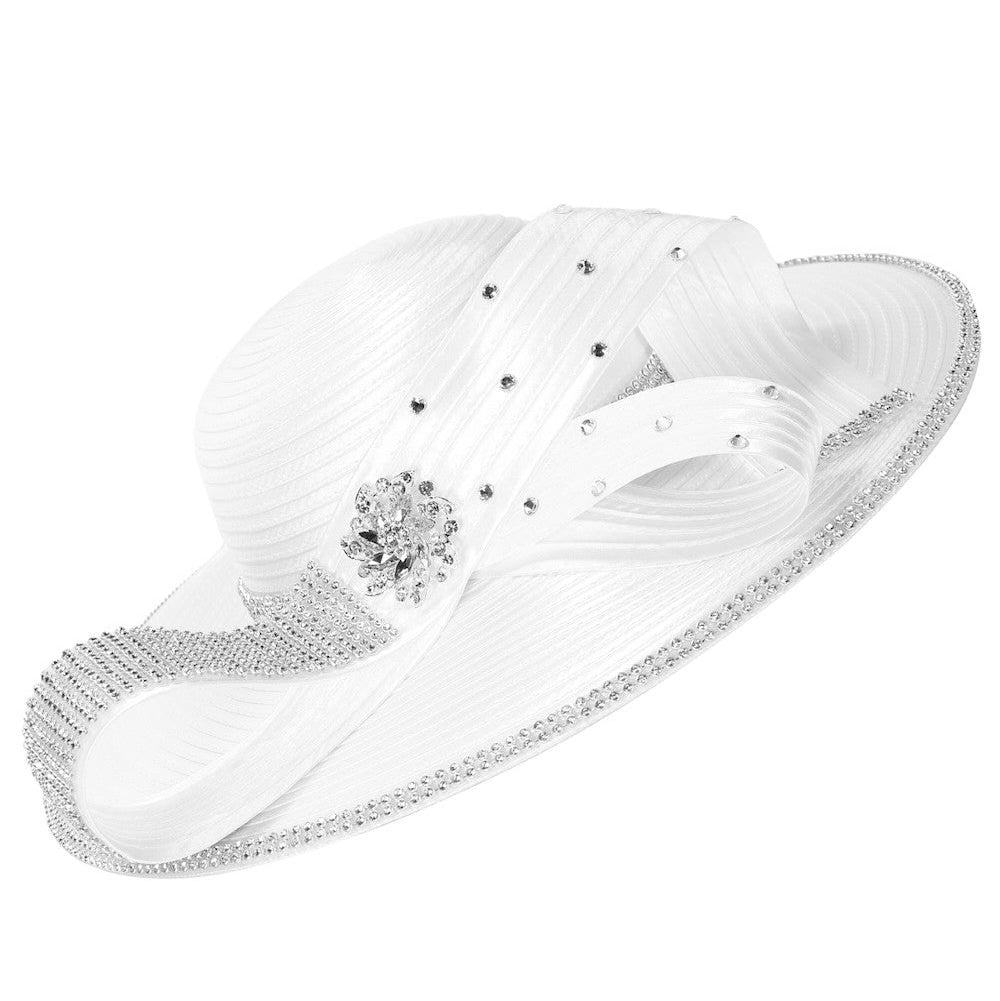 Satin Crystal Loop&Rhinestone Trim Wide-Brim Hat - Especially Yours