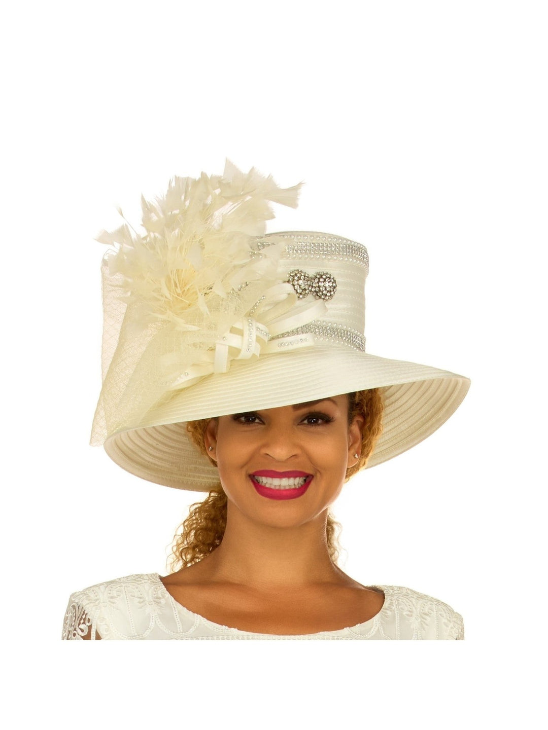 Wide Brim Embellished Hat w/ Veil&Feather - Especially Yours