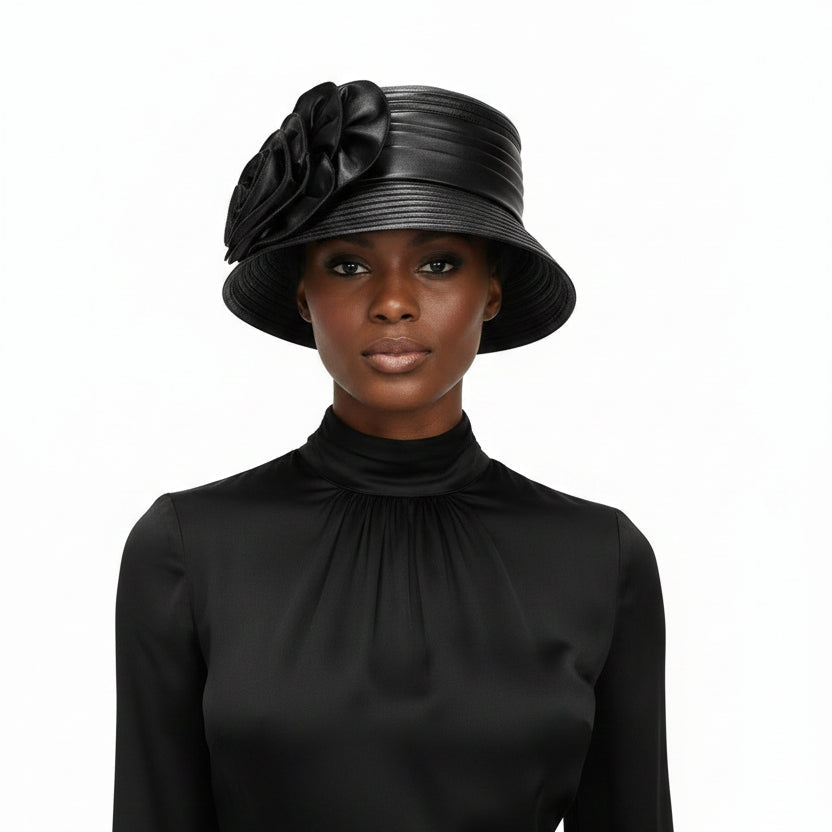 Satin Ribbon Small Brim Hat w/ Satin Flower - Especially Yours