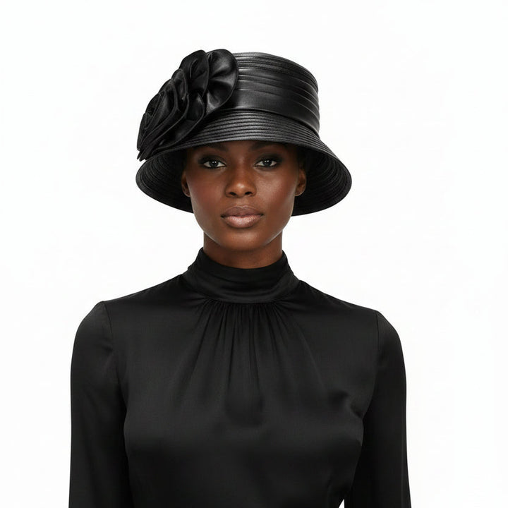 Satin Ribbon Small Brim Hat w/ Satin Flower - Especially Yours