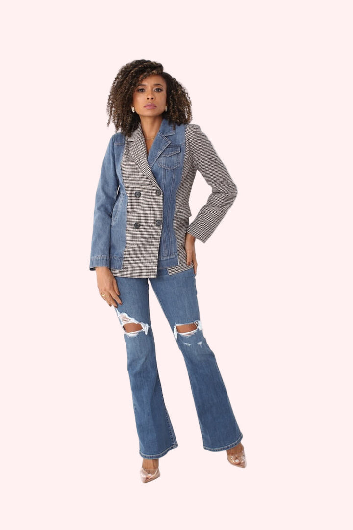Mixed Media Denim and Houndstooth Blazer- 82012