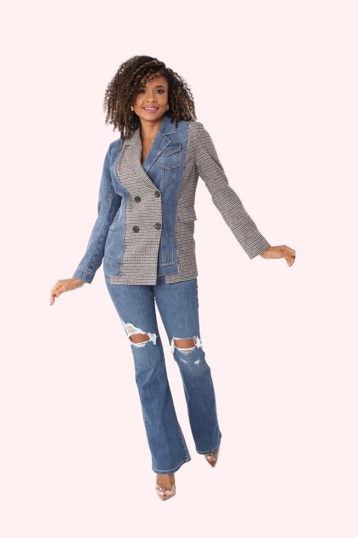 Mixed Media Denim and Houndstooth Blazer- 82012