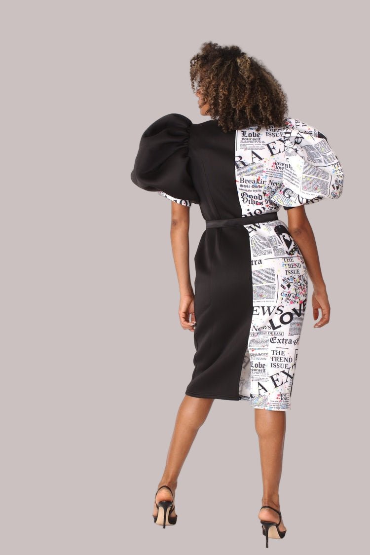 Printed and Solid Puff Sleeve Midi Dress with Bow Tie Collar - 81822 - Especially Yours