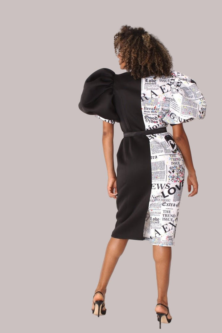 Printed and Solid Puff Sleeve Midi Dress with Bow Tie Collar - 81822 - Especially Yours