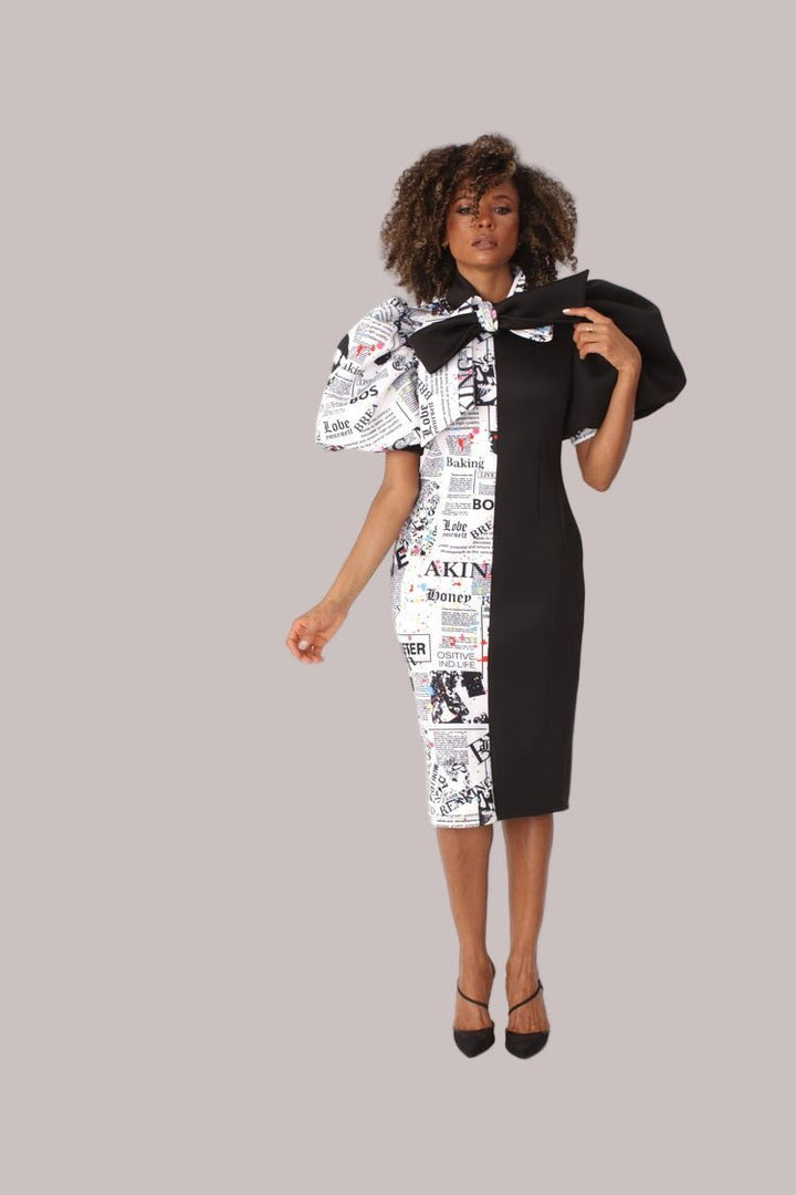 Printed and Solid Puff Sleeve Midi Dress with Bow Tie Collar - 81822 - Especially Yours