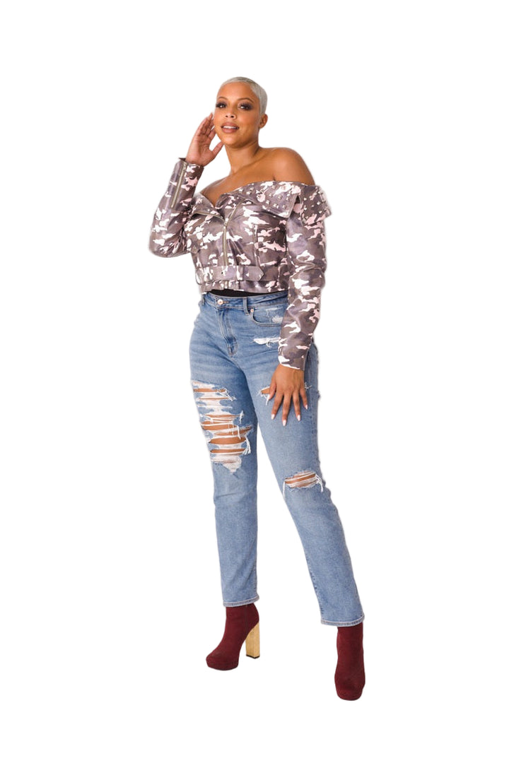 Camo Print Leather Jacket -81923