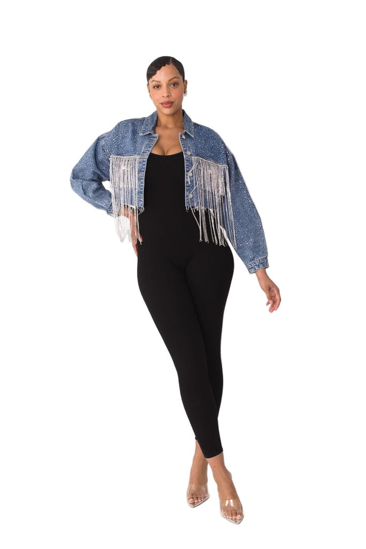 Rhinestone & Chain Fringe Cropped Denim Jacket - 82386 - Especially Yours