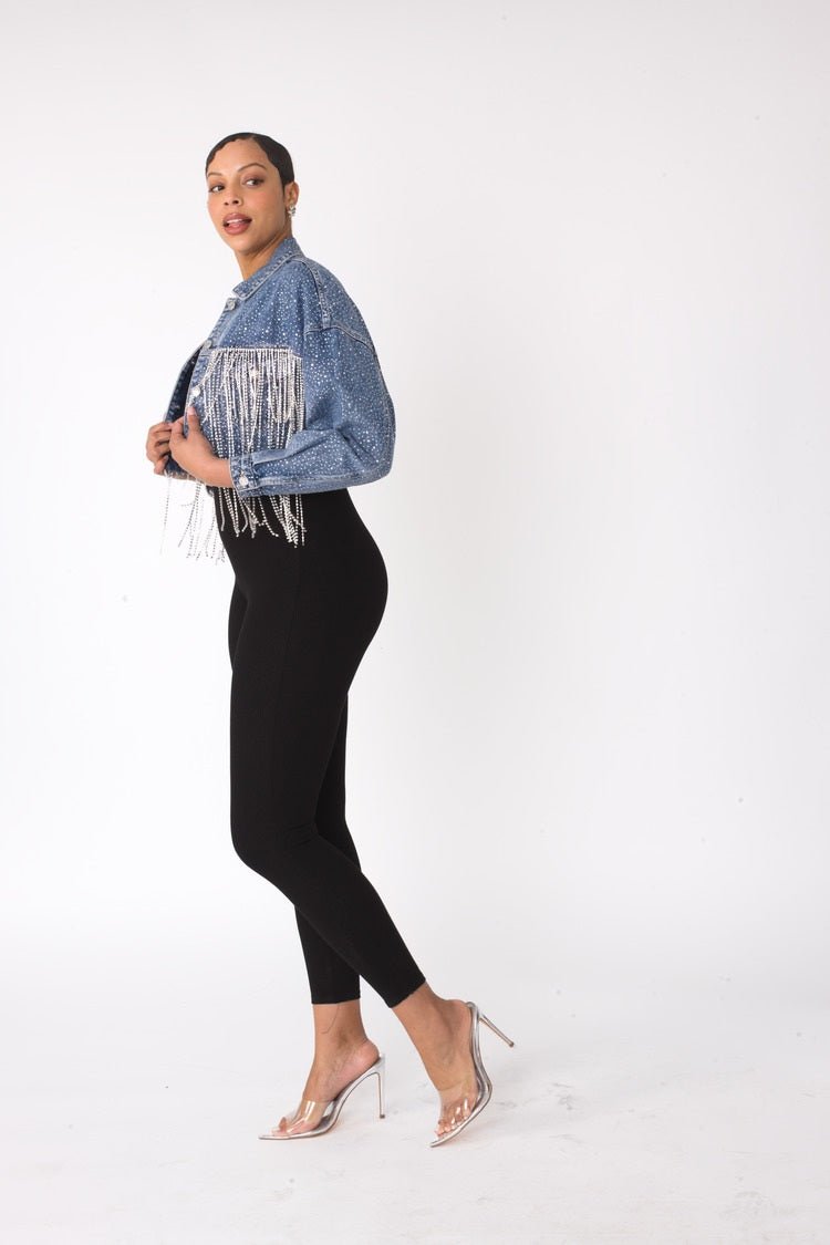 Rhinestone & Chain Fringe Cropped Denim Jacket - 82386 - Especially Yours