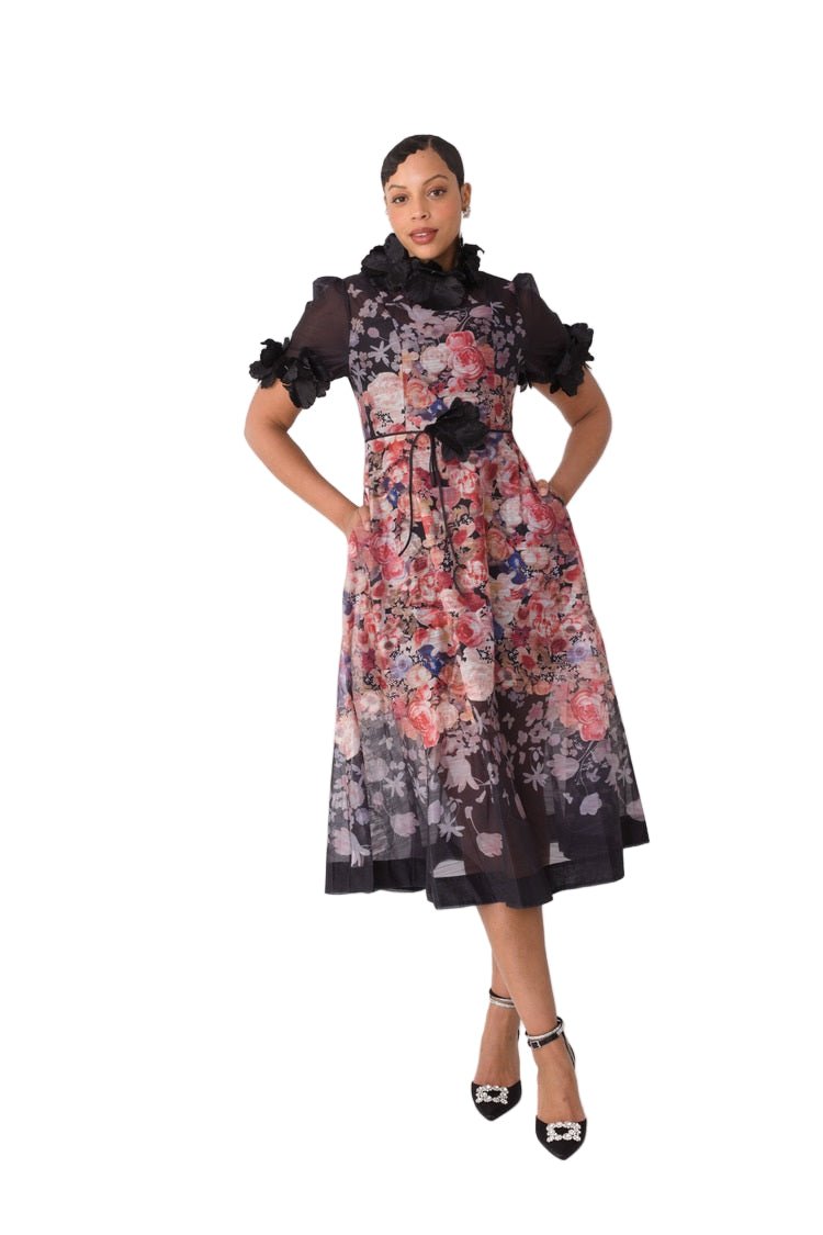 Romantic Floral Midi Dress with Organza Details - 82486 - Especially Yours