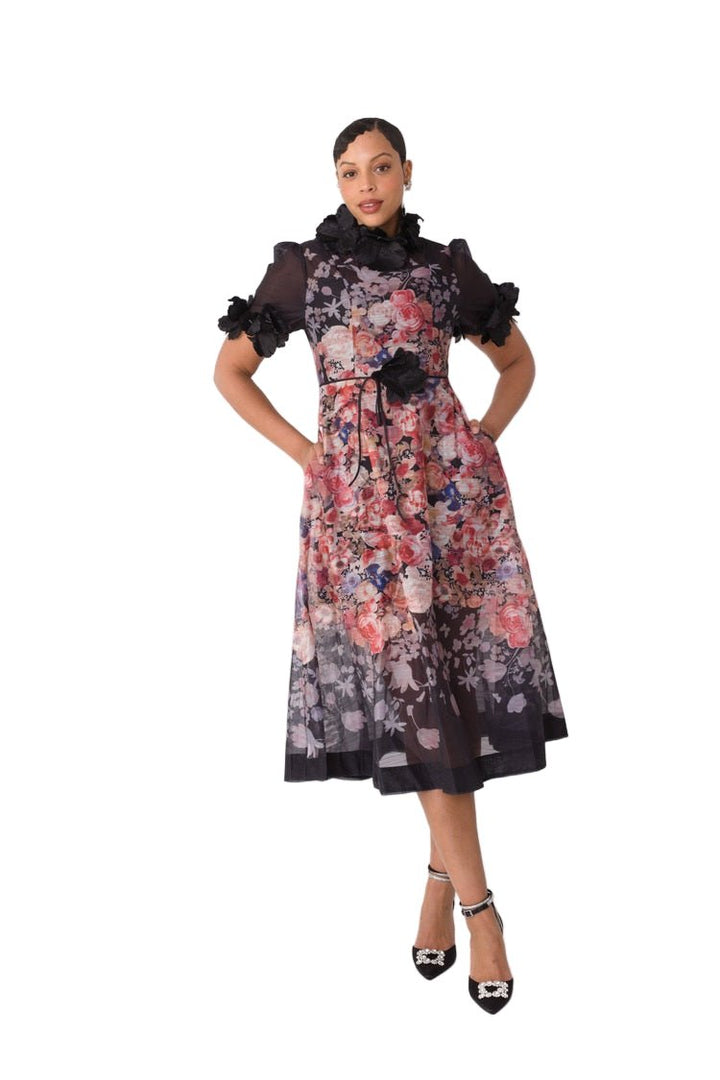 Romantic Floral Midi Dress with Organza Details - 82486 - Especially Yours