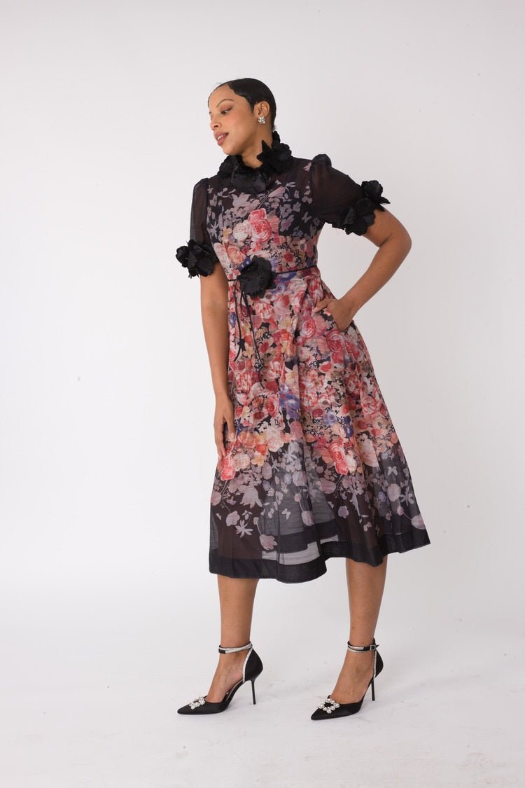 Romantic Floral Midi Dress with Organza Details - 82486 - Especially Yours