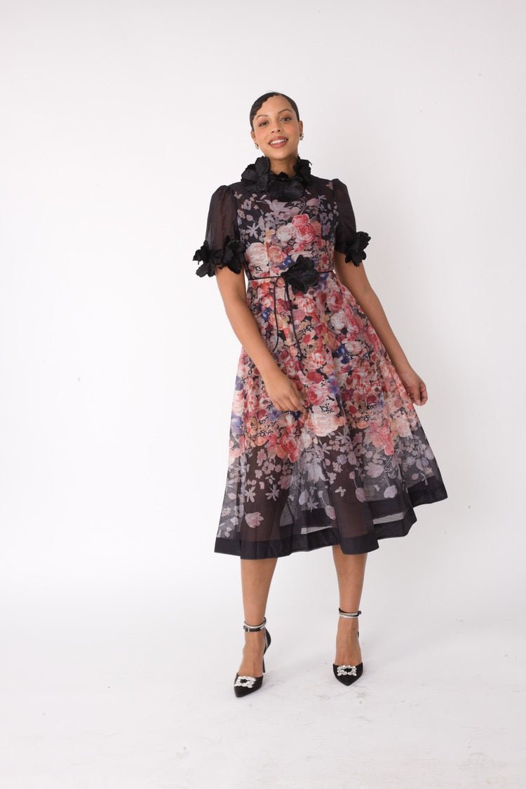 Romantic Floral Midi Dress with Organza Details - 82486 - Especially Yours