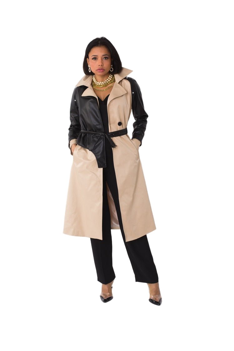 Two - Tone Leather Sleeve Trench Coat - 82525 - Especially Yours