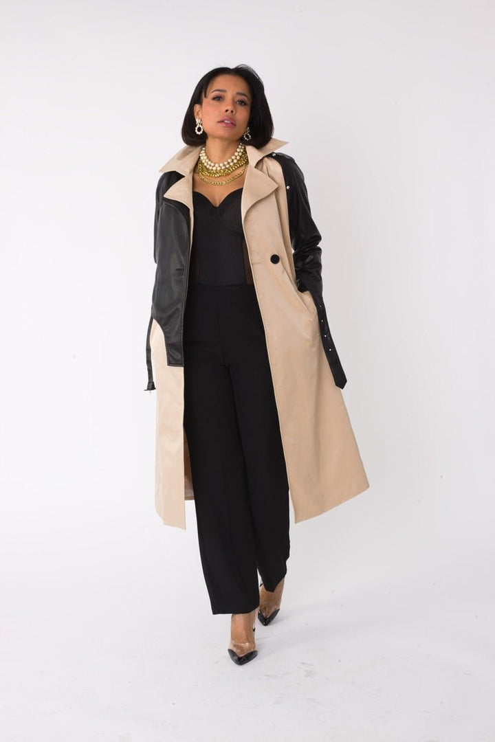 Two - Tone Leather Sleeve Trench Coat - 82525 - Especially Yours
