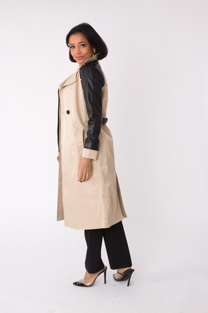 Two - Tone Leather Sleeve Trench Coat - 82525 - Especially Yours