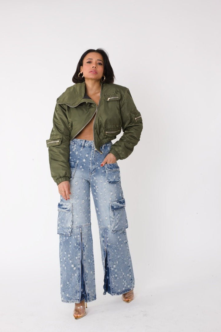 Olive Cropped Utility Bomber Jacket - 82404 - Especially Yours