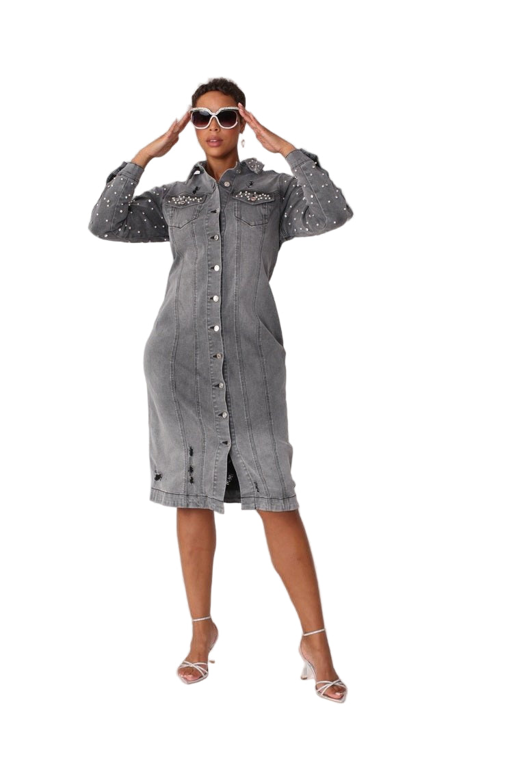 Pearl Embellished Grey Denim Midi Dress - 82681 - Especially Yours