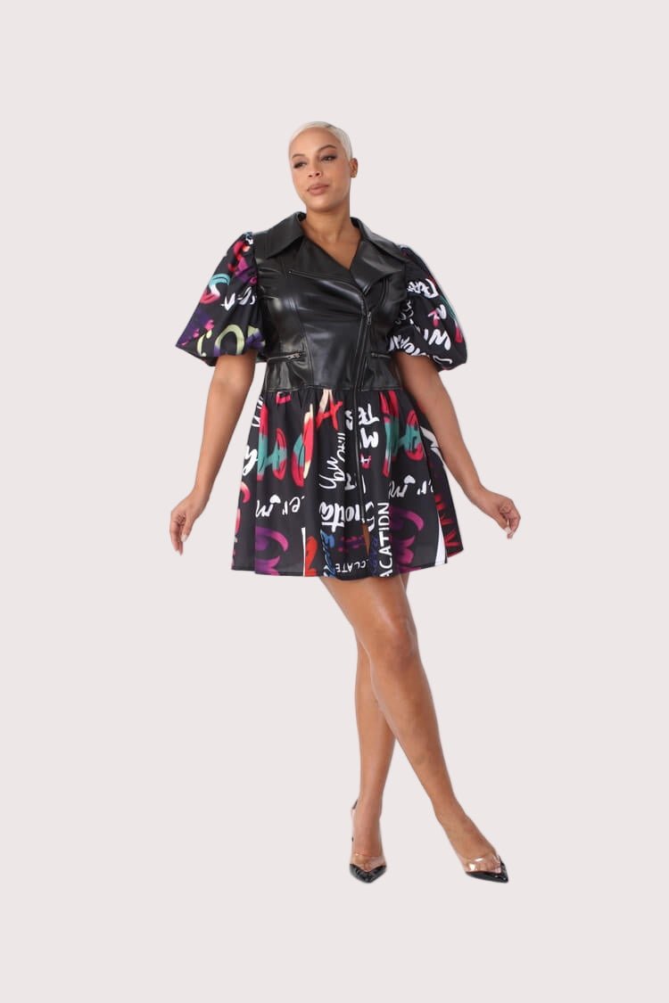 Leather Puff Sleeve Printed Dress - 82035 - Especially Yours