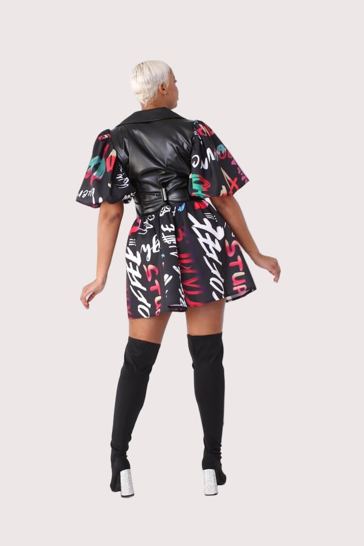Leather Puff Sleeve Printed Dress - 82035 - Especially Yours