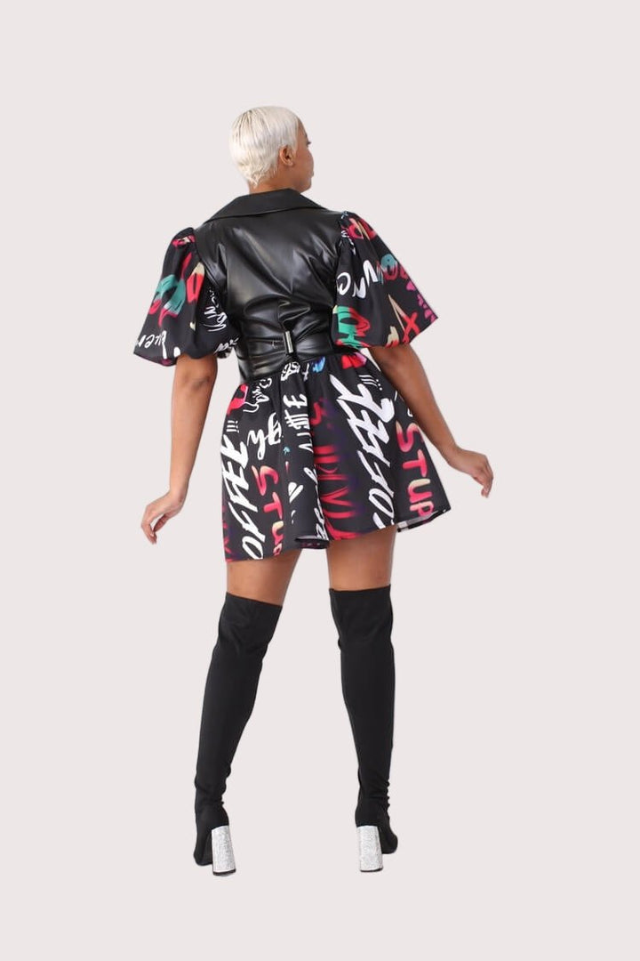 Leather Puff Sleeve Printed Dress - 82035 - Especially Yours
