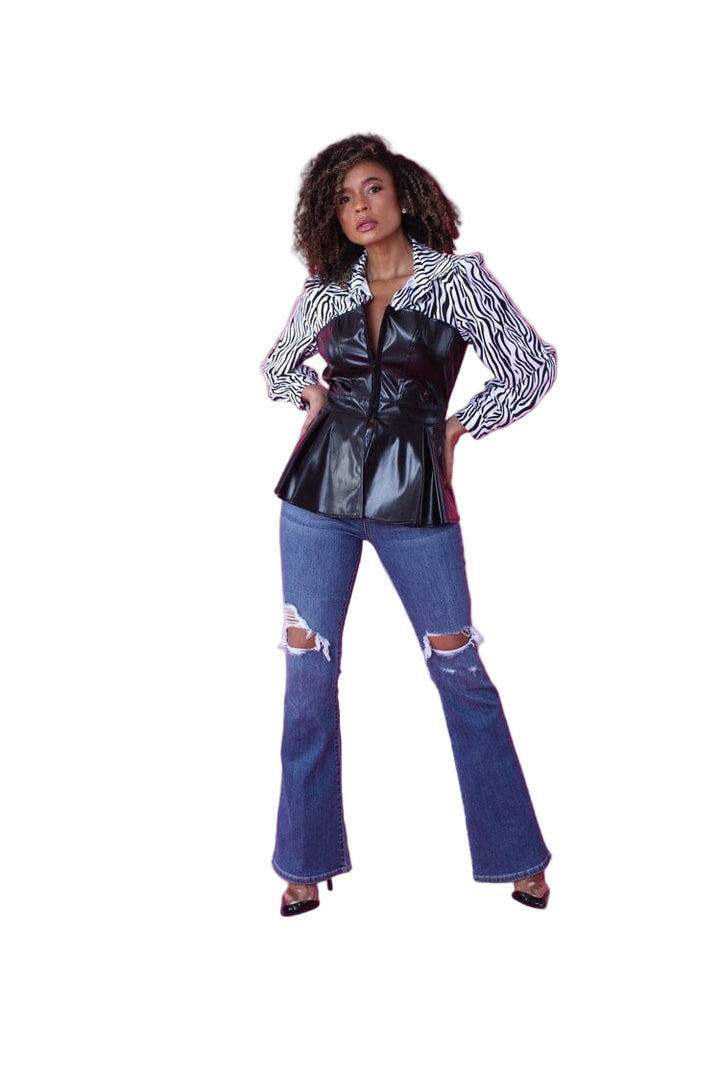Zebra Print and Leather Peplum Top -82033