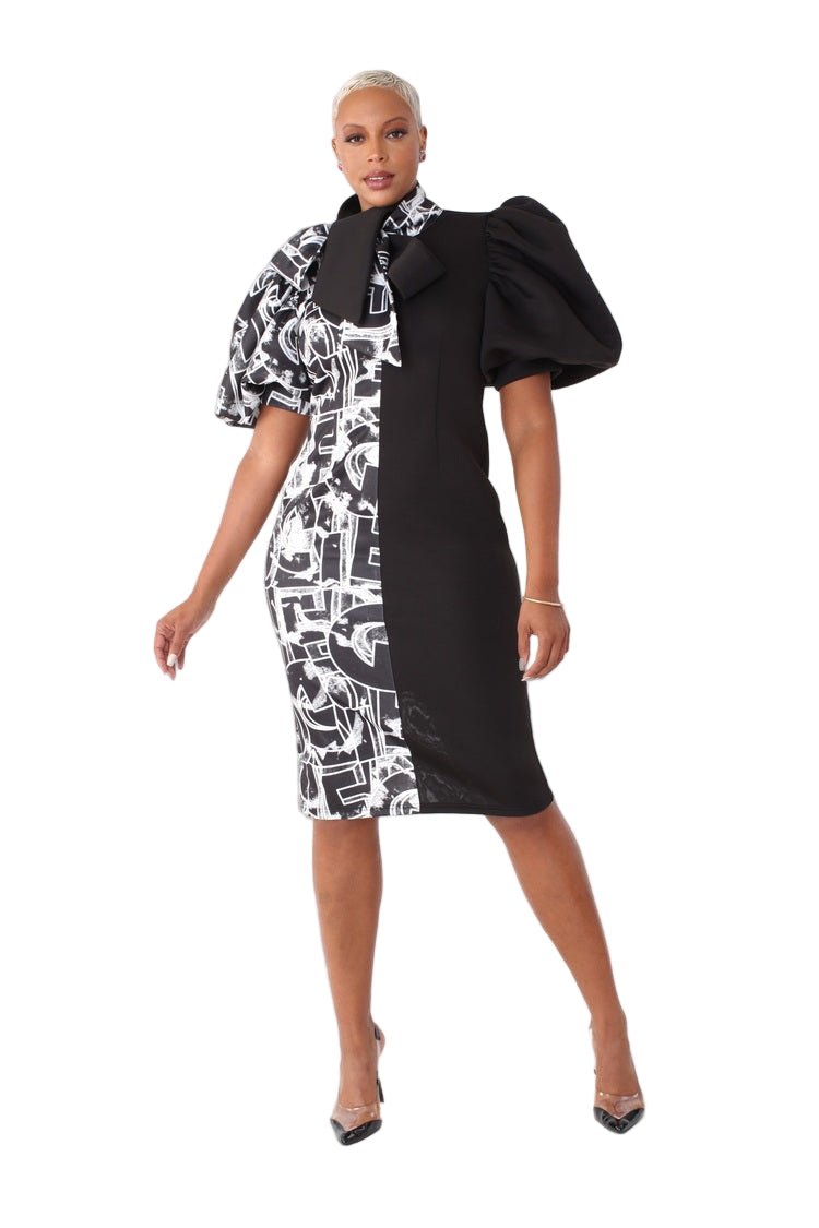 Printed and Solid Puff Sleeve Midi Dress with Bow Tie Collar - 81822 - Especially Yours