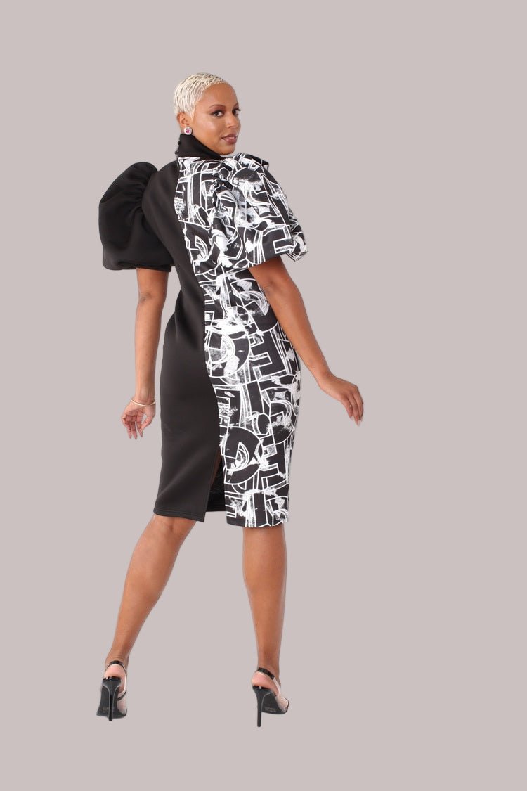 Printed and Solid Puff Sleeve Midi Dress with Bow Tie Collar - 81822 - Especially Yours