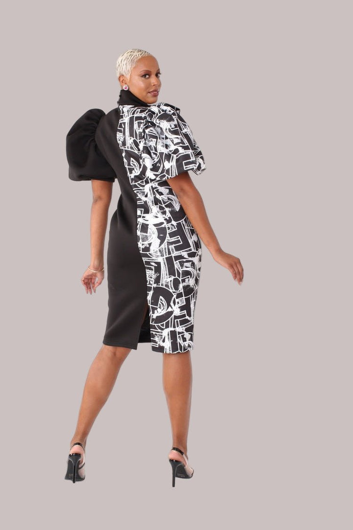 Printed and Solid Puff Sleeve Midi Dress with Bow Tie Collar - 81822 - Especially Yours