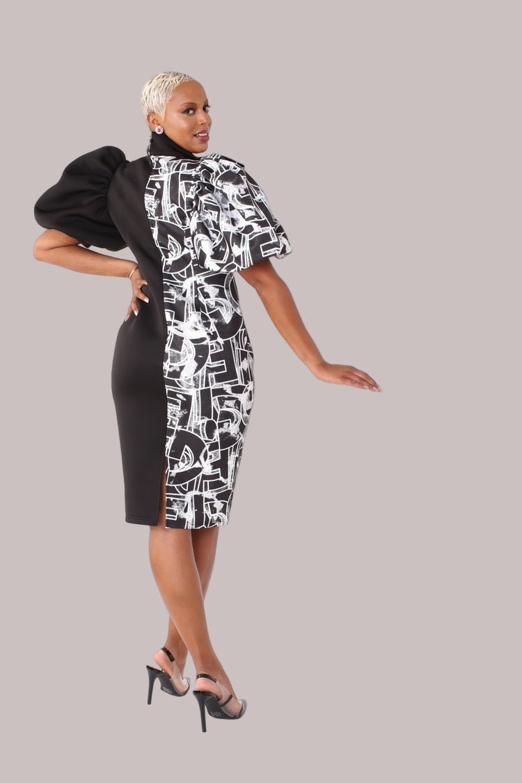 Printed and Solid Puff Sleeve Midi Dress with Bow Tie Collar - 81822 - Especially Yours