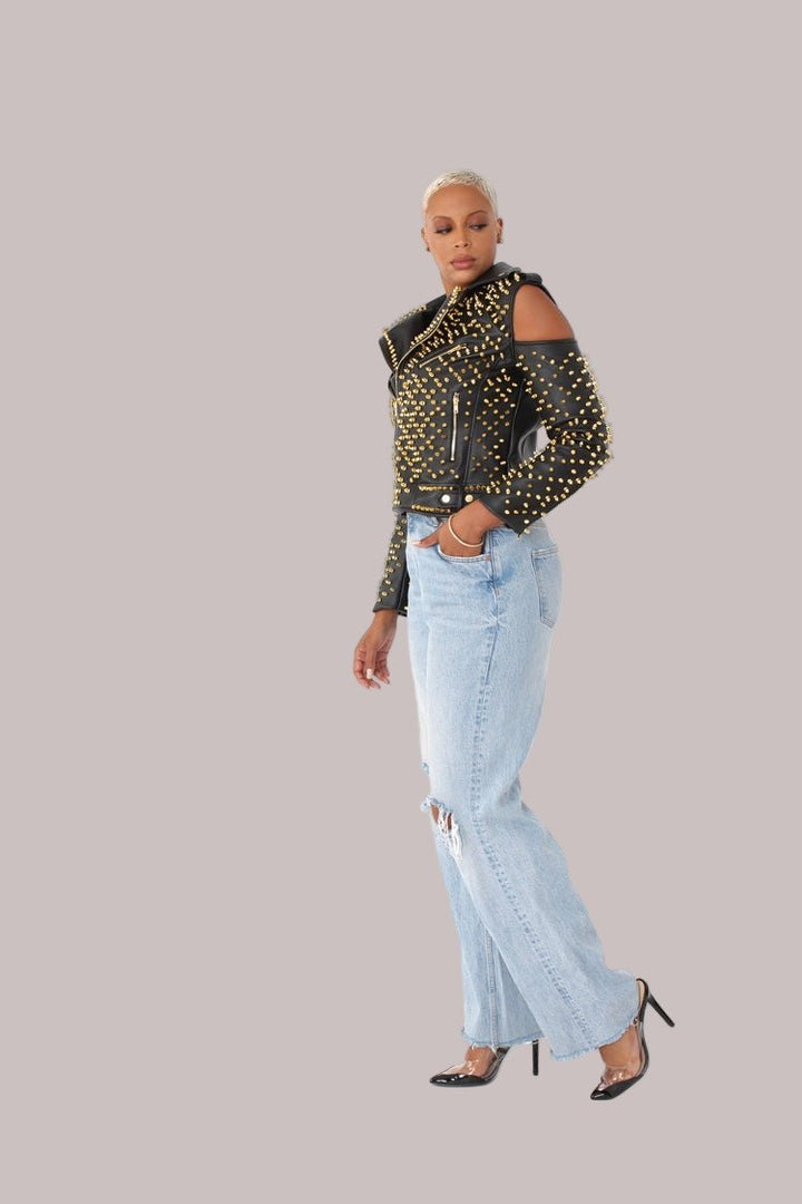 Studded Pleather Moto Jacket with Open Shoulders - 81936 - Especially Yours