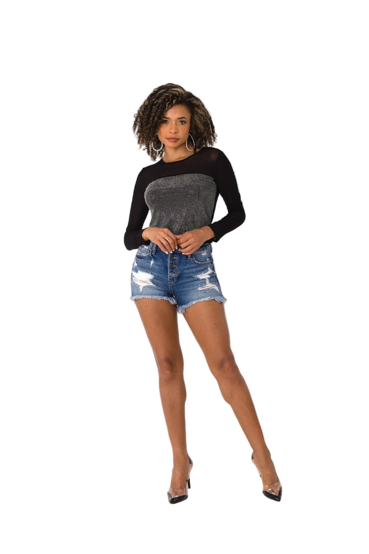 Mesh Blouse Top – Rhinestone Design Black Long Sleeve 82198