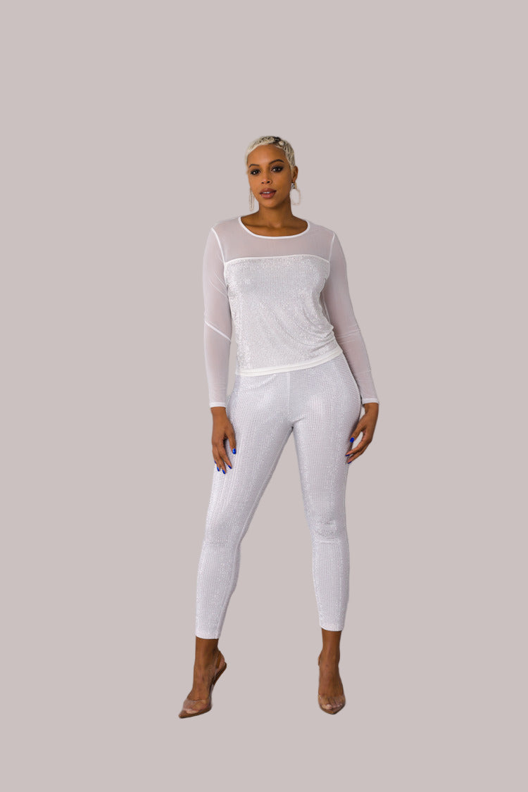 Mesh Blouse Top – Rhinestone Design Black Long Sleeve 82198