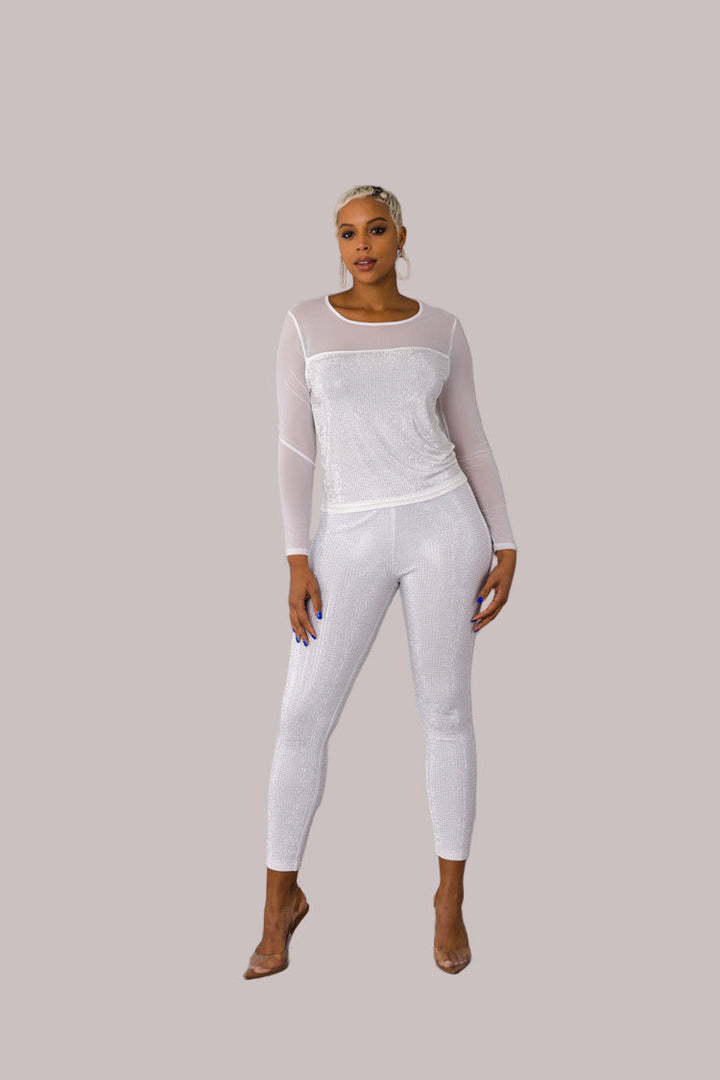 Mesh Blouse Top – Rhinestone Design Black Long Sleeve 82198