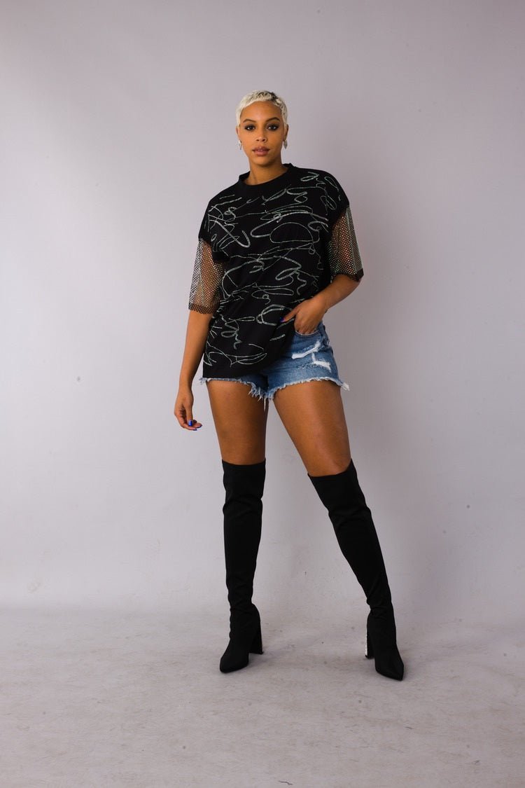 Rhinestone Script Mesh Sleeve Top - 82235 - Especially Yours