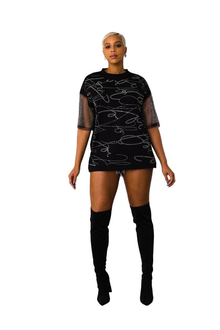 Rhinestone Script Mesh Sleeve Top - 82235 - Especially Yours