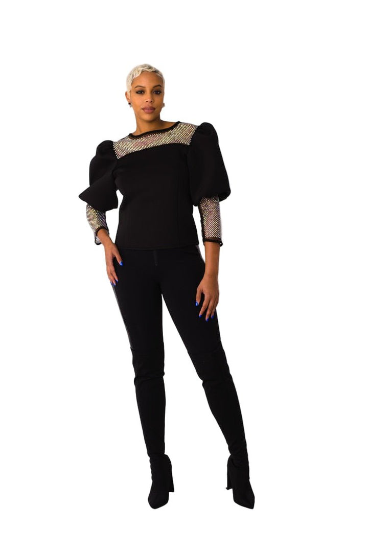 Black Rhinestone Mesh Yoke Puff Sleeve Top - 82233 - Especially Yours