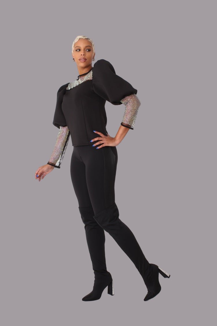 Black Rhinestone Mesh Yoke Puff Sleeve Top - 82233 - Especially Yours