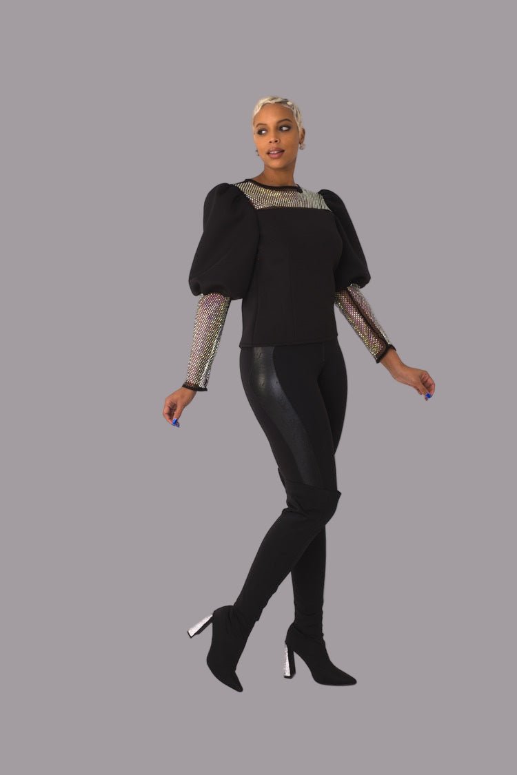 Black Rhinestone Mesh Yoke Puff Sleeve Top - 82233 - Especially Yours