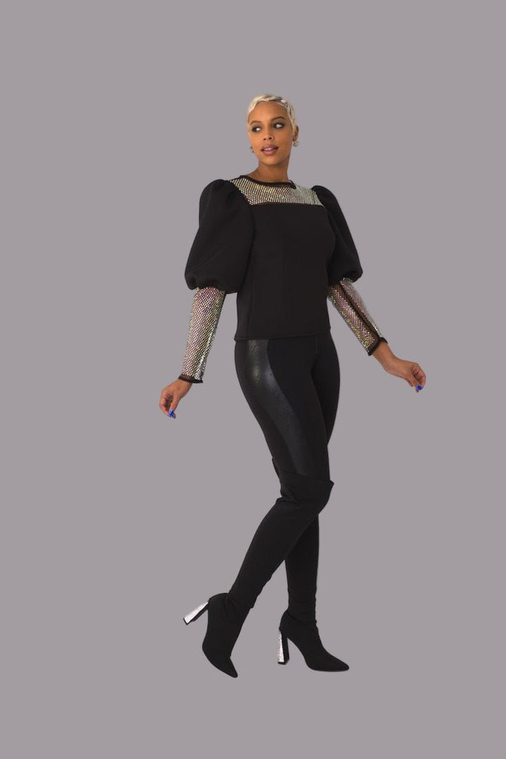 Black Rhinestone Mesh Yoke Puff Sleeve Top - 82233 - Especially Yours