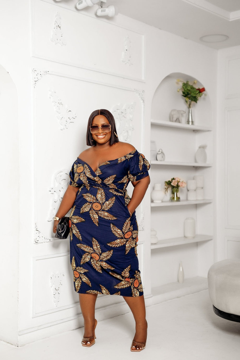 IDIA AFRICAN PRINT OFF SHOULDER MIDI DRESS [NAVY BLUE] - Especially Yours