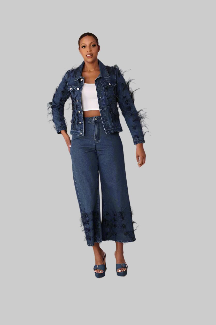 Feather Trim Denim Jacket - 82303 - Especially Yours