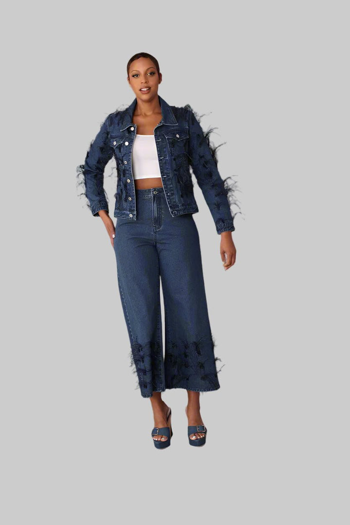 Feather Trim Denim Jacket - 82303 - Especially Yours