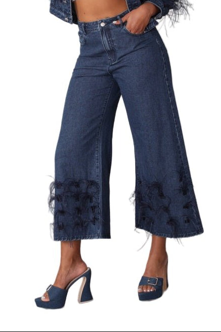 Feather Trim Wide Leg Jeans - 82304 - Especially Yours